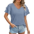 thumbnail image 3 of Camiseta de Mujer Color Puro Cuello en V Puños con Volantes Top de Manga Corta cómodo y a la Moda para Citas en casa en la Oficina Azul Claro XL, 3 of 6