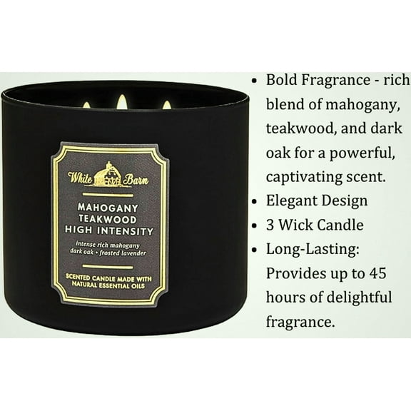 Bath & Body Works White Barn 3-Wick Candle, Mahogany Teakwood High Intensity, 14.5 oz, Scented Candle