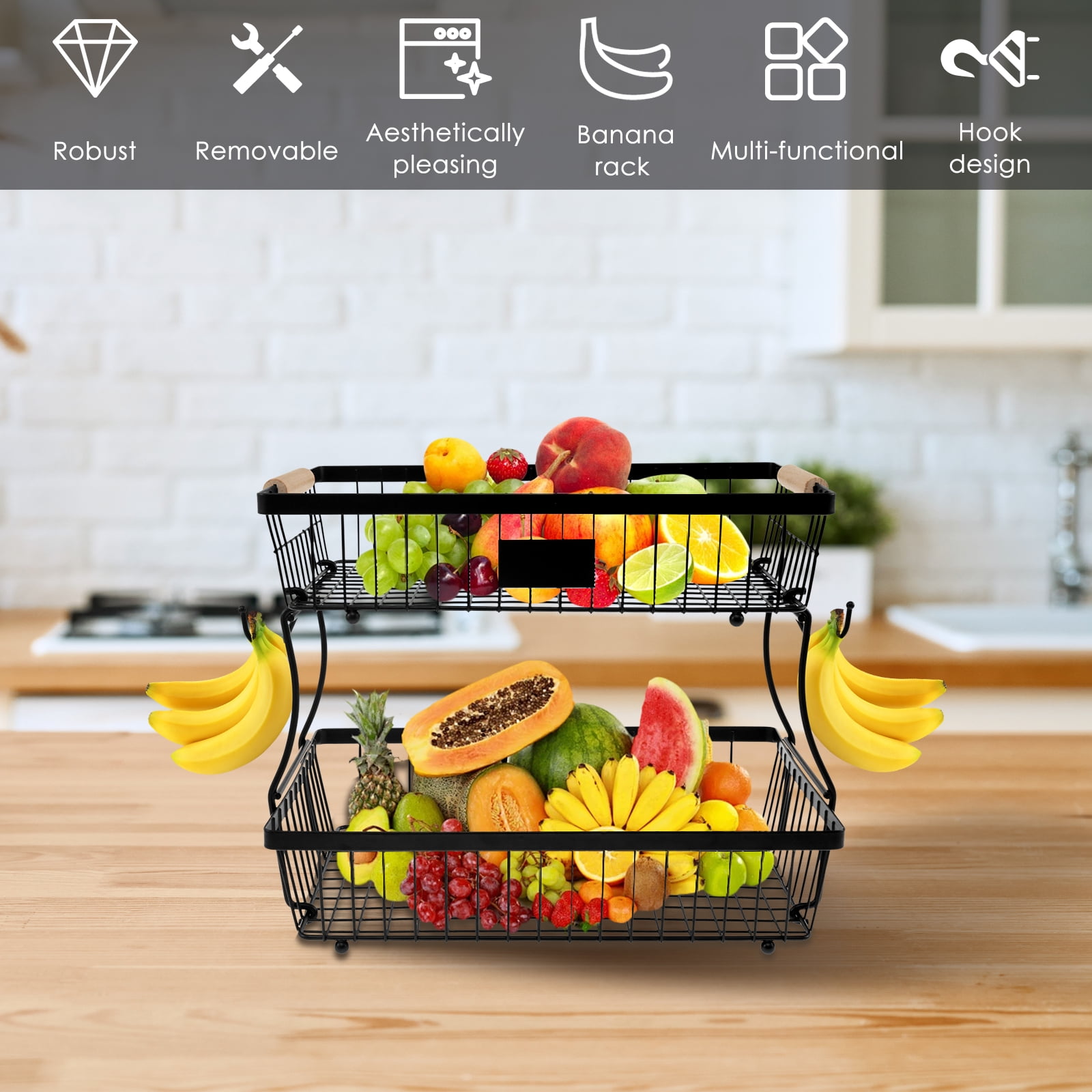 2 Tiers Fruit Basket with 2 Banana Hangers and Wood Handles Detachable Fruit Holder Multifunctional Fruit Rack Kitchen Countertop Rack for Vegetable Fruits Black