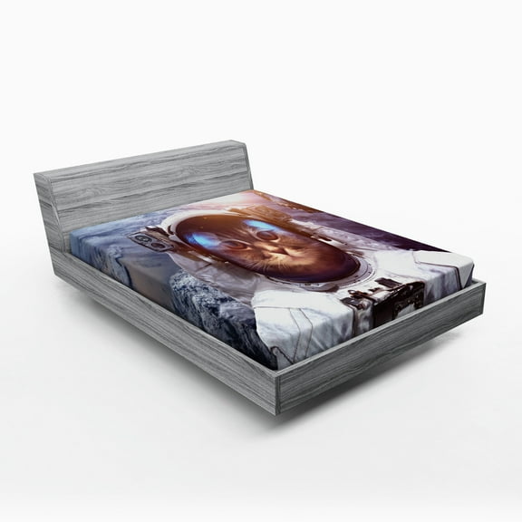 Ambesonne Cat Fitted Sheet, Space Satellite Eclipse, Full Size, Blue Grey and White