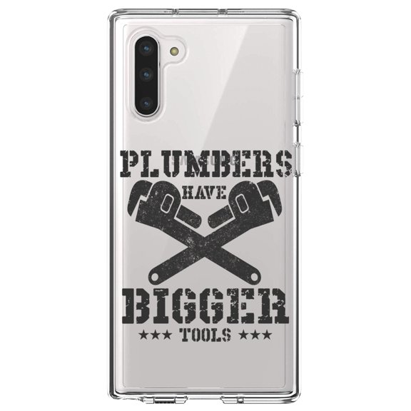 DistinctInk Clear Shockproof Hybrid Case for Samsung Galaxy Note 10 (6.3" Screen) - TPU Bumper Acrylic Back Tempered Glass Screen Protector - Plumbers Have Bigger Tools