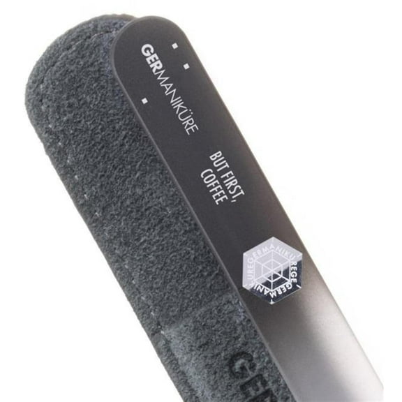GERMANIKURE Czech Crystal Glass Nail File in Suede Leather Case - BUT First Coffee - Professional Manicure & Pedicure Products for Smooth Easy Shaping of Natural Nails