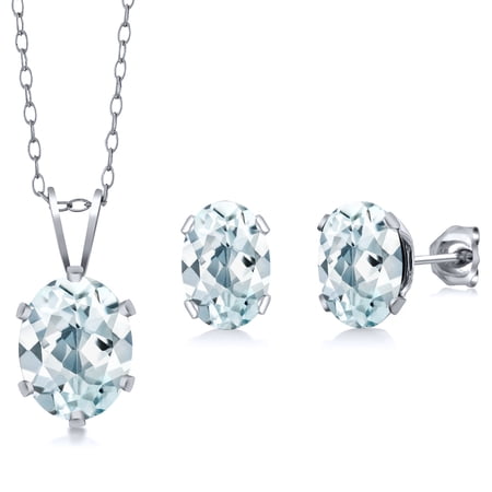 Gem Stone King 2.70 Ct Oval Sky Blue Aquamarine 925 Sterling Silver Pendant and Earrings Jewelry Set
