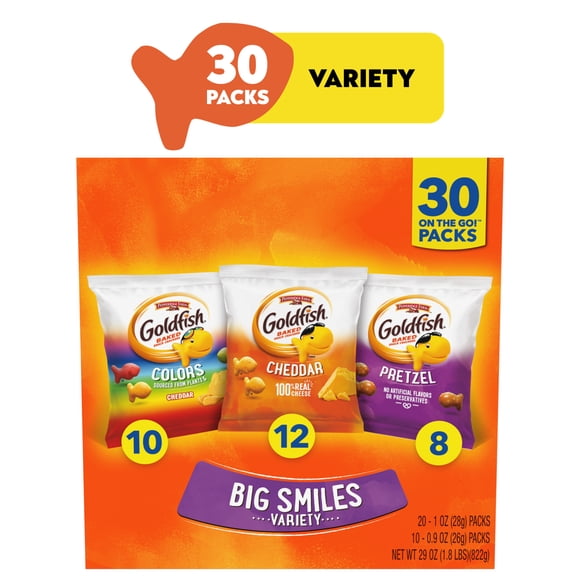 Goldfish Crackers Big Smiles with Cheddar, Colors, and Pretzel Crackers, Snack Pack, 30 Count Variety Pack Box
