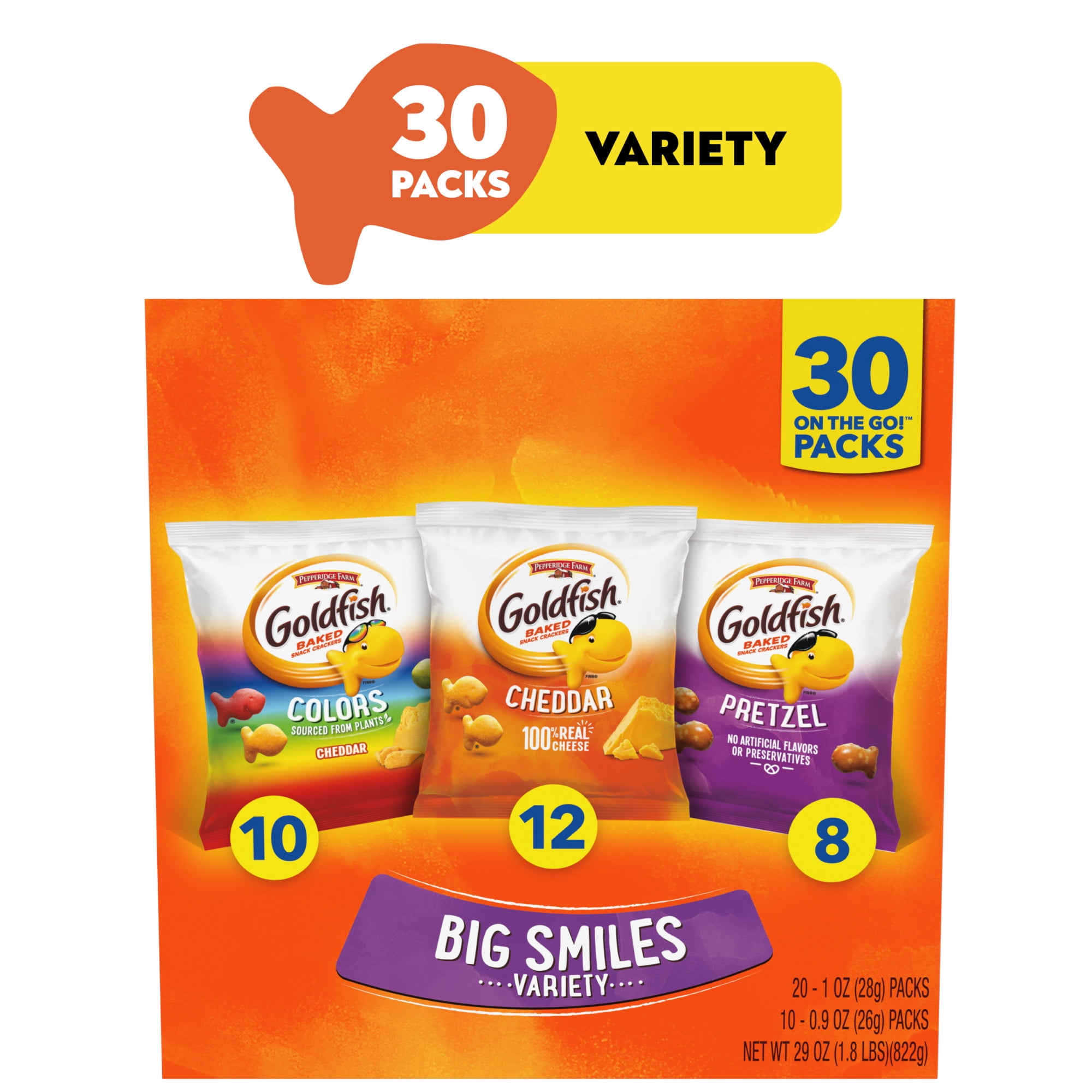 Goldfish Crackers Big Smiles with Cheddar, Colors, and Pretzel Crackers, Snack Pack, 30 Count Variety Pack Box