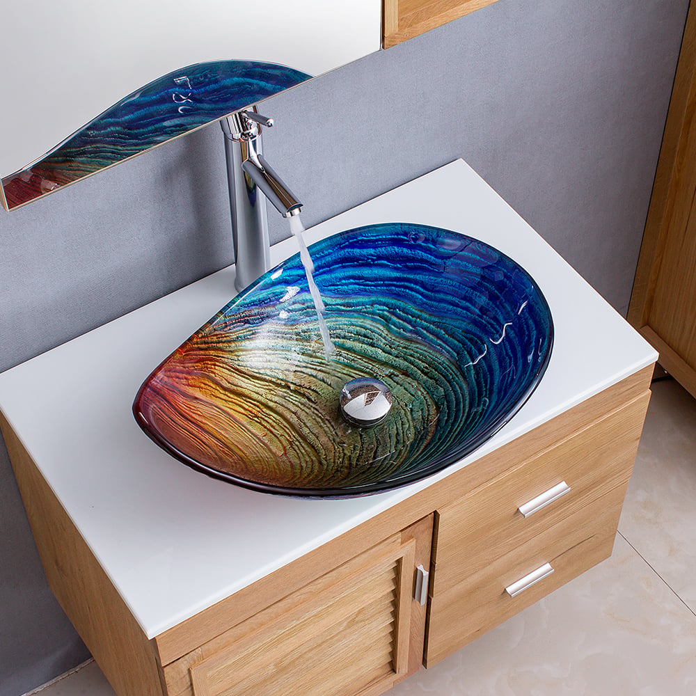 Homary Tempered Glass Multicolor Teardrop-Shaped Bathroom Vessel Sink Wash Sink