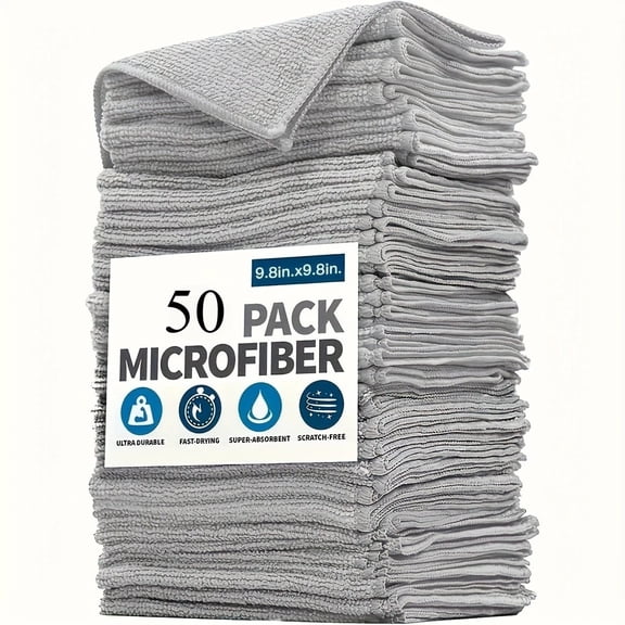 50 Pack Microfiber Cleaning Cloths 9.8x9.8 Inch Grey Thick Lint Free Super Absorbent Scratch Free Reusable Towel Bulk for Car Detailing Windows Kitchen House Dusting
