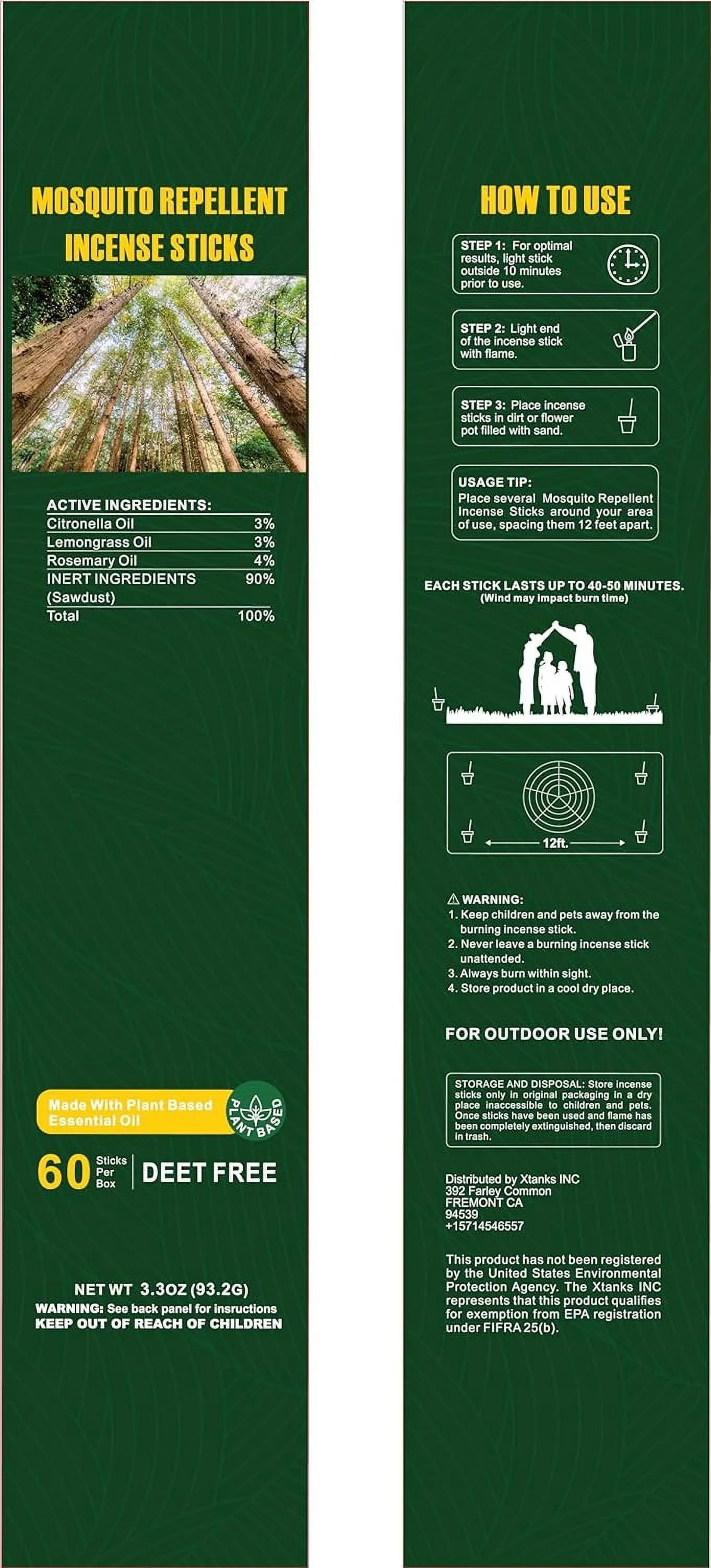 Plant Based Outdoor Mosquito Repellent Incense Sticks, 3.3oz, 60 Pieces Box