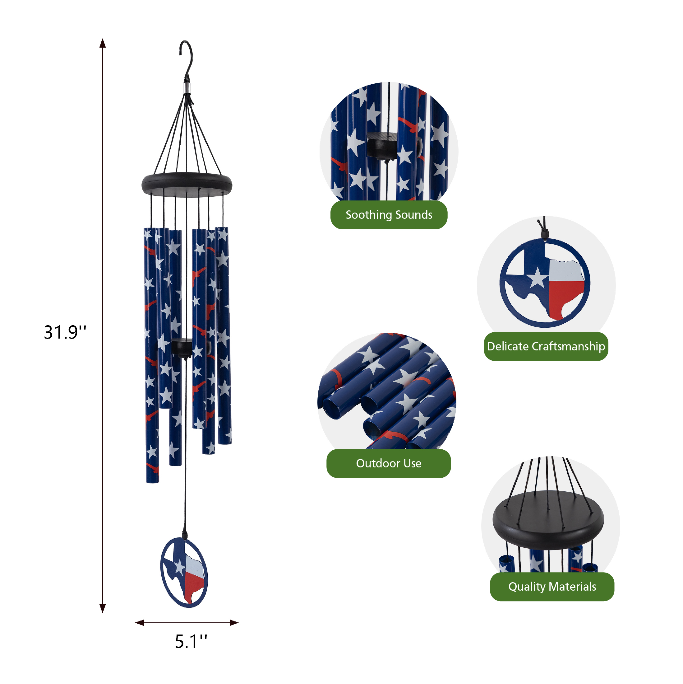 Mainstays Metal Texas Printed Outdoor Wind Chime, Weather-Resistant