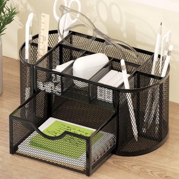 cisilov Desk Organizer, Pen Holder with Drawers Pencil Holder for Desk Mesh Office Supply Organizer and Storage, Black