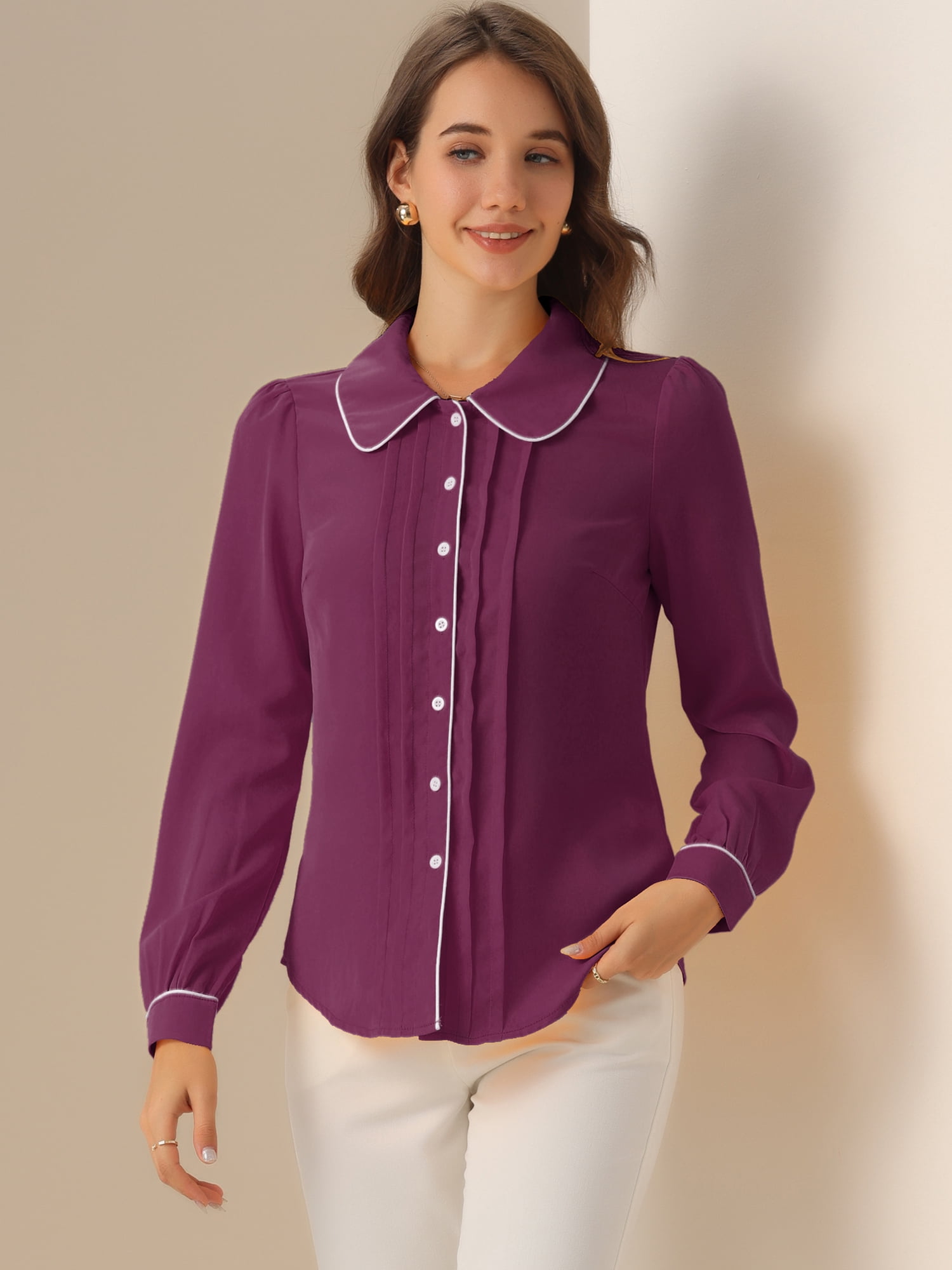 DARING DIVA Women's Collar Shirt Long Sleeve Elegant Button Down Blouse M Dark Purple