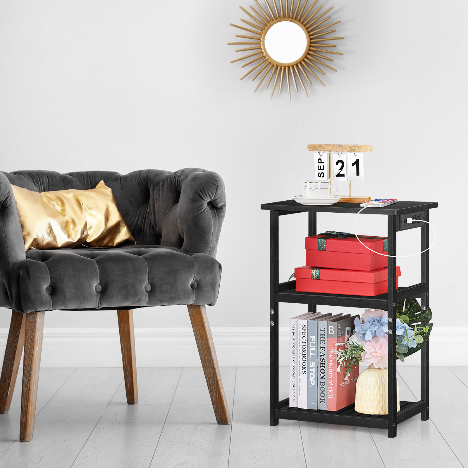 Black Bamboo Nightstand with Charging Station, 3鈥慣ier Open Shelf End Table for Bedroom Living Room