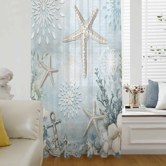 Teal Ocean Coastal Semi Sheer Curtains Drapes for Living Room,Bedroom,French Doors Window 84 Inches Long,Summer Beach Nautical Coral Starfish Rod Pocket Chiffon Curtain Drapery Voile Draperies Panel