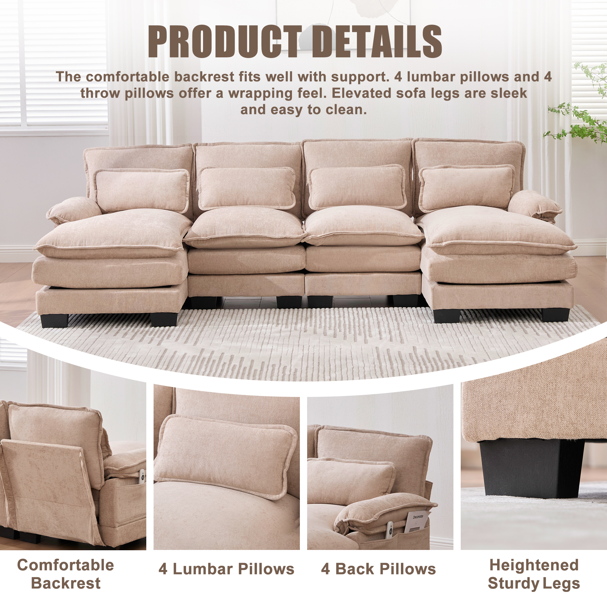 MOONMISS Chenille Upholstered U-Shaped Modular Wood Frame Sleeper Sectional Sofa with Double Chaise-Khaki