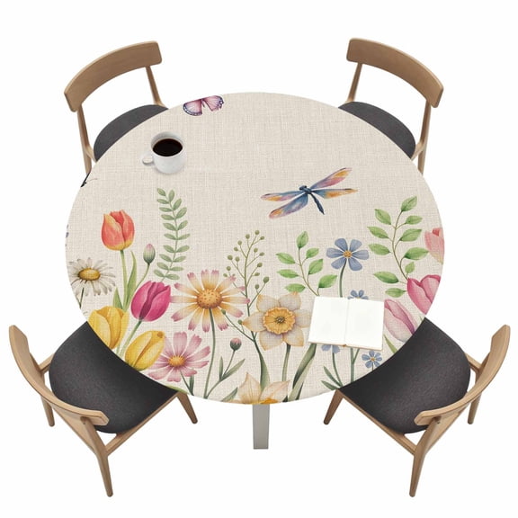Wildflowers Fitted Tablecloth with Elastic Edged, Round Table Cloth for Dining Table, Spring Vintage Tulip Butterfly Floral Leaf Waterproof Oil Proof Table Cover for Indoor Outdoor 45"-54"