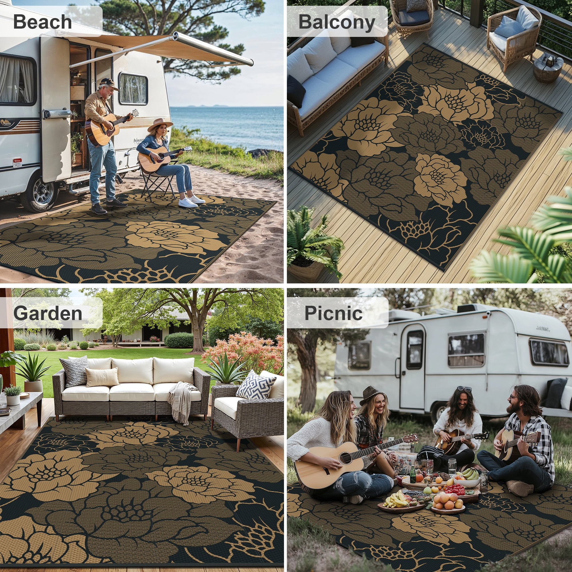 KUETH 6'x 9' Outdoor Rug Plastic Waterproof Outside Foldable Flower Mat UV Resistant Patio RV Deck Carpet,Black Brown