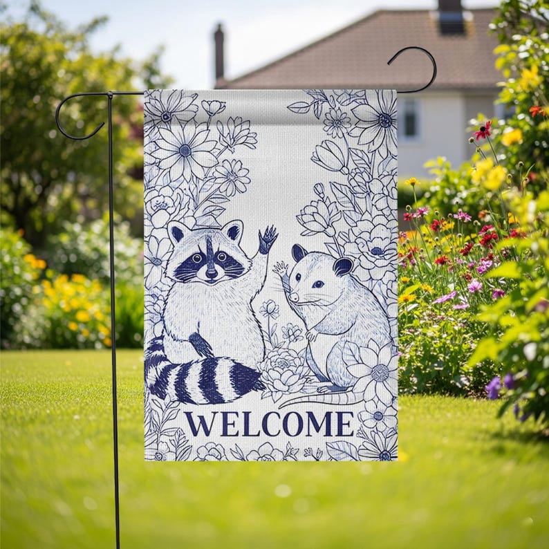 ViciArt Raccoon & Possum Welcome Garden Flag – 28”x40” Blue White Floral Outdoor Yard Decor, Woodland Animal Sign