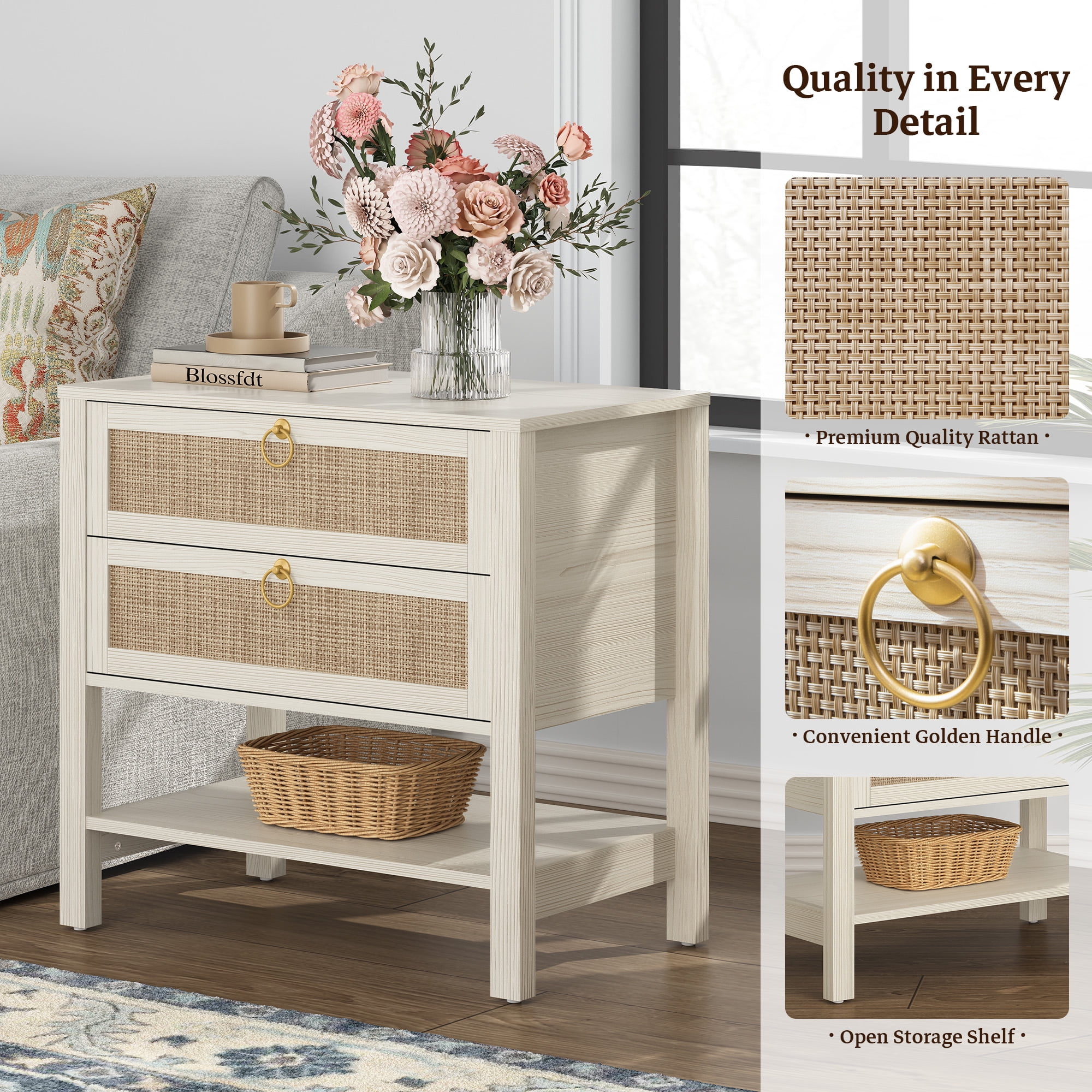 Surmoby 26.7"W Boho Nightstand Set of 2 - Coastal Farmhouse Bedside Tables with 2 Rattan Drawers & Open Shelf, Cream White Finish for Bedroom/Living Room