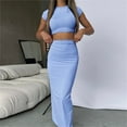 thumbnail image 2 of Two Piece Skirt Set for Women 2 Pc Y2K Outfits Short Sleeve Crop Tops Bodycon High Waist Long Maxi Skirts Blue M, 2 of 5