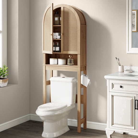 HMstone Over The Toilet Storage Cabinet, 23.7’’W Bathroom Storage Shelf Organizer with Rattan Doors, Freestanding Above The Toilet Storage Cabinet with Adjustable Shelf for Bathroom, Nature