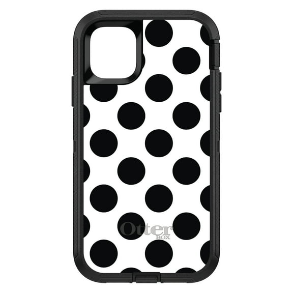 DistinctInk OtterBox Defender Custom Case for Apple iPhone 15 (6.1" Screen) - Black & White Polka Dots - Shockproof Protection