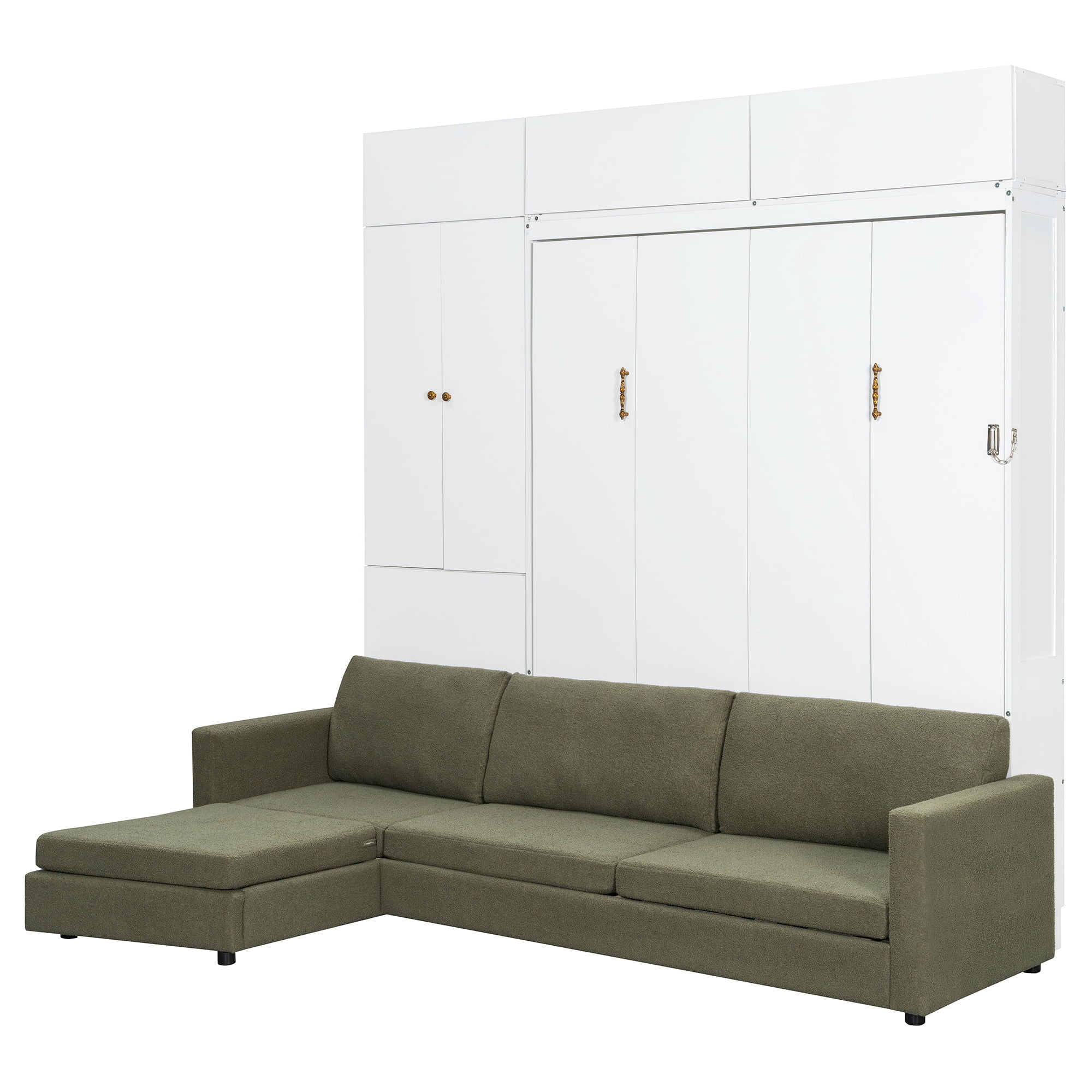 Mintazer Queen Murphy Bed with L-Shaped Sofa & Storage Cabinets, Modern Foldable Wall Bed for Bedroom Apartment Guest Room, White & Green