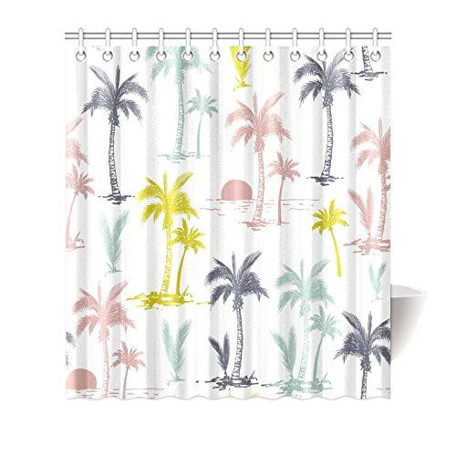 Mypop Palm Tree Shower Curtain Decor Tropical Island Scenery Sunrise Waves Polyester Fabric Bathroom Set With Hooks 66x72 Inches Long Grey Pink Yellow Com Mypop Palm Tree Shower Curtain Decor, Shower Curtain Hooks Palm Tree