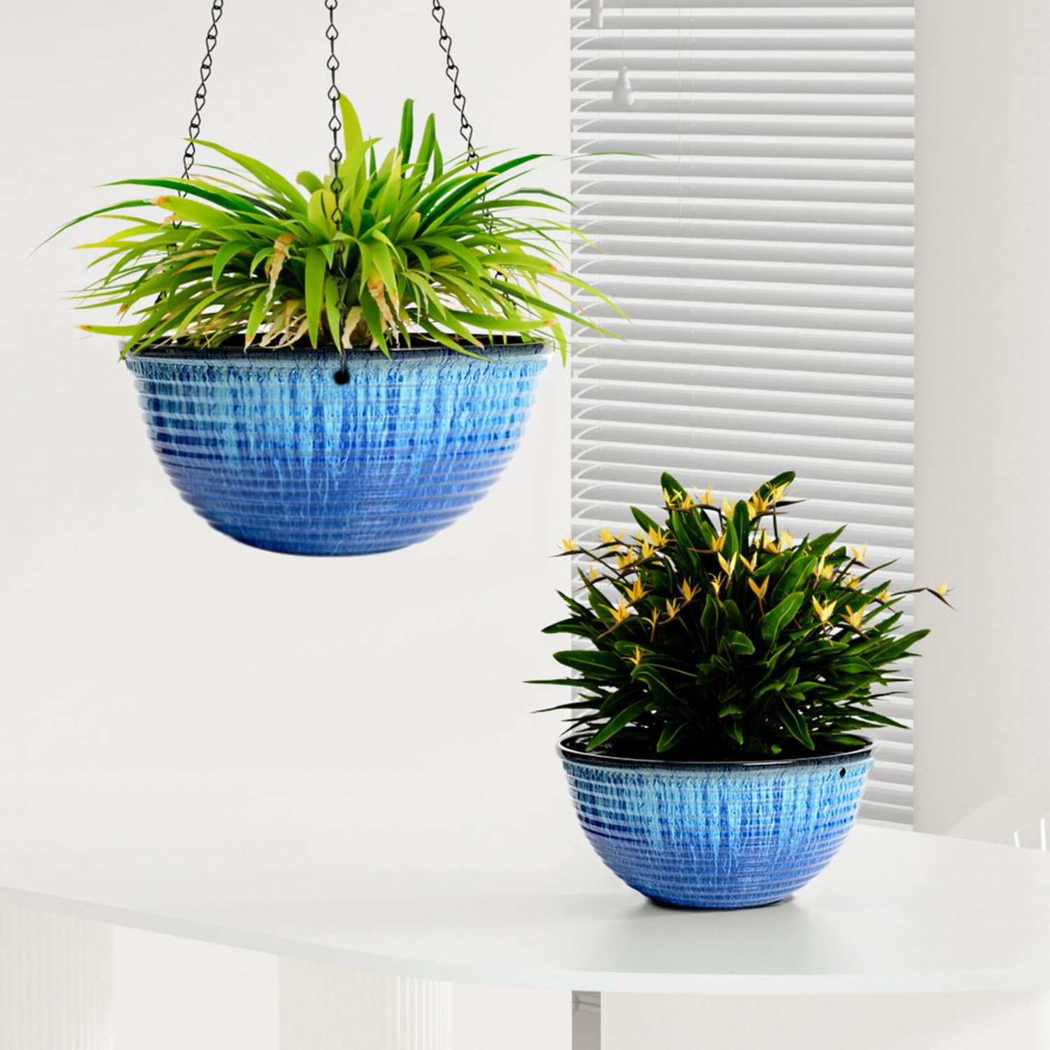 2 Pack Hanging Planters for Indoor Outdoor Plants, 10 Inch Hanging Planter with Drainage Hole & Plug Glazed Hanging Baskets Flower Pots for Garden Home (Blue Glaze)
