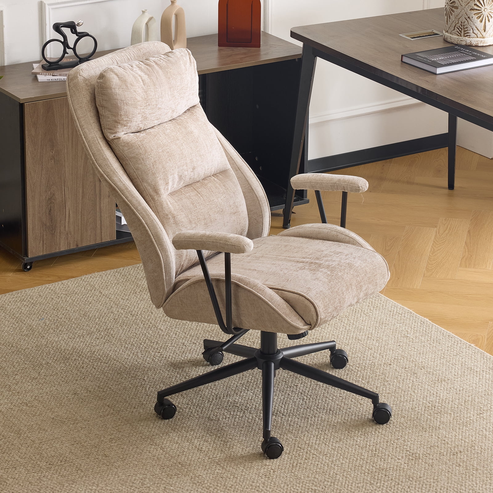 Ktaxon Office Gaming Chair High Back with Armrests – Adjustable Swivel Chair 360° Rotation 30° Recline Chenille Seat Star Base Wheels Light Khaki