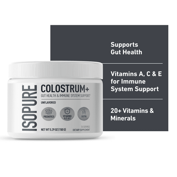 Isopure Colostrum   Gut Health & Immune System Support, Unflavored, 30 servings