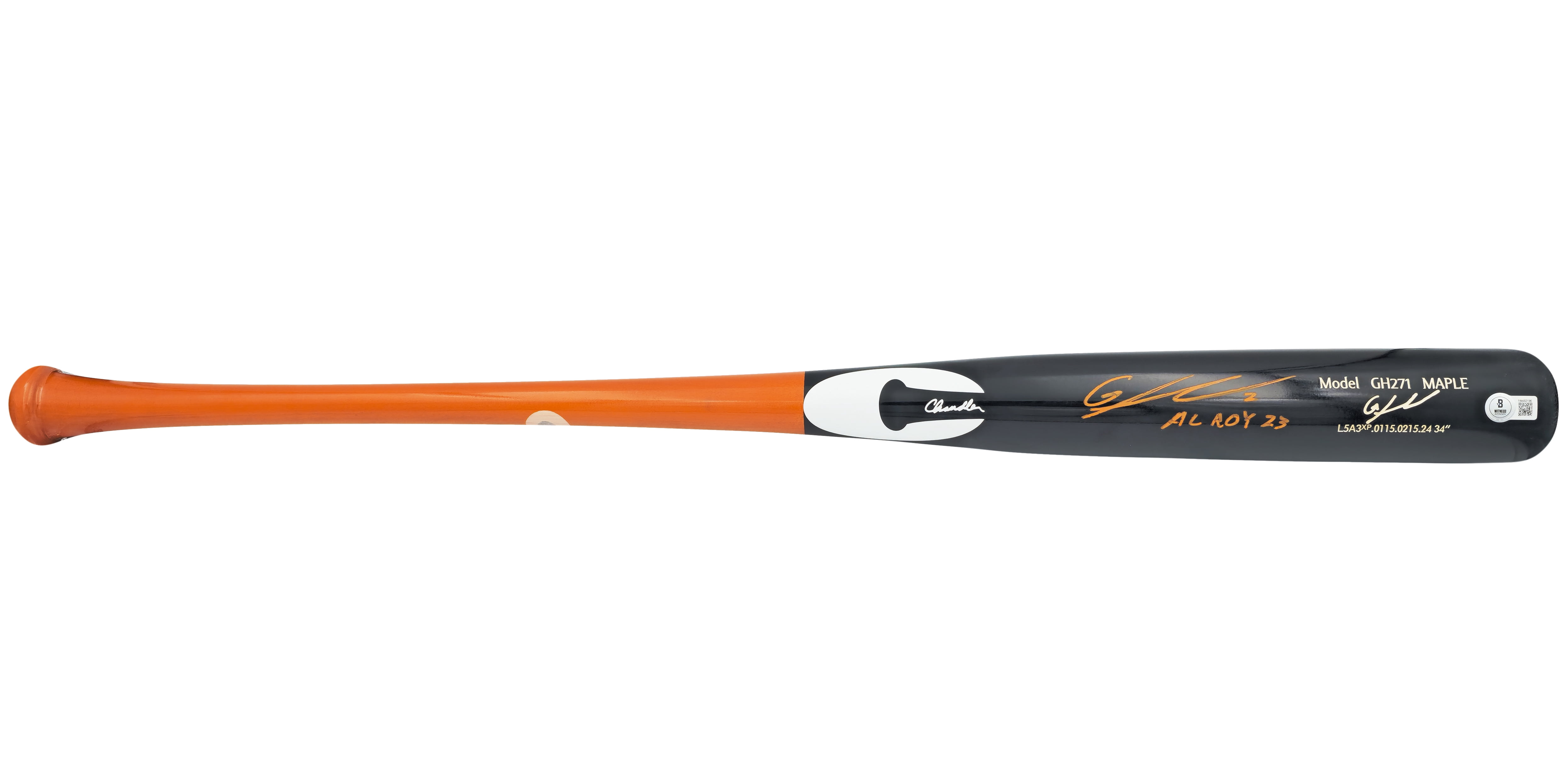Gunnar Henderson Autographed Black Chandler Player Model Baseball Bat Baltimore Orioles "AL ROY 23" Beckett BAS Witness 225828