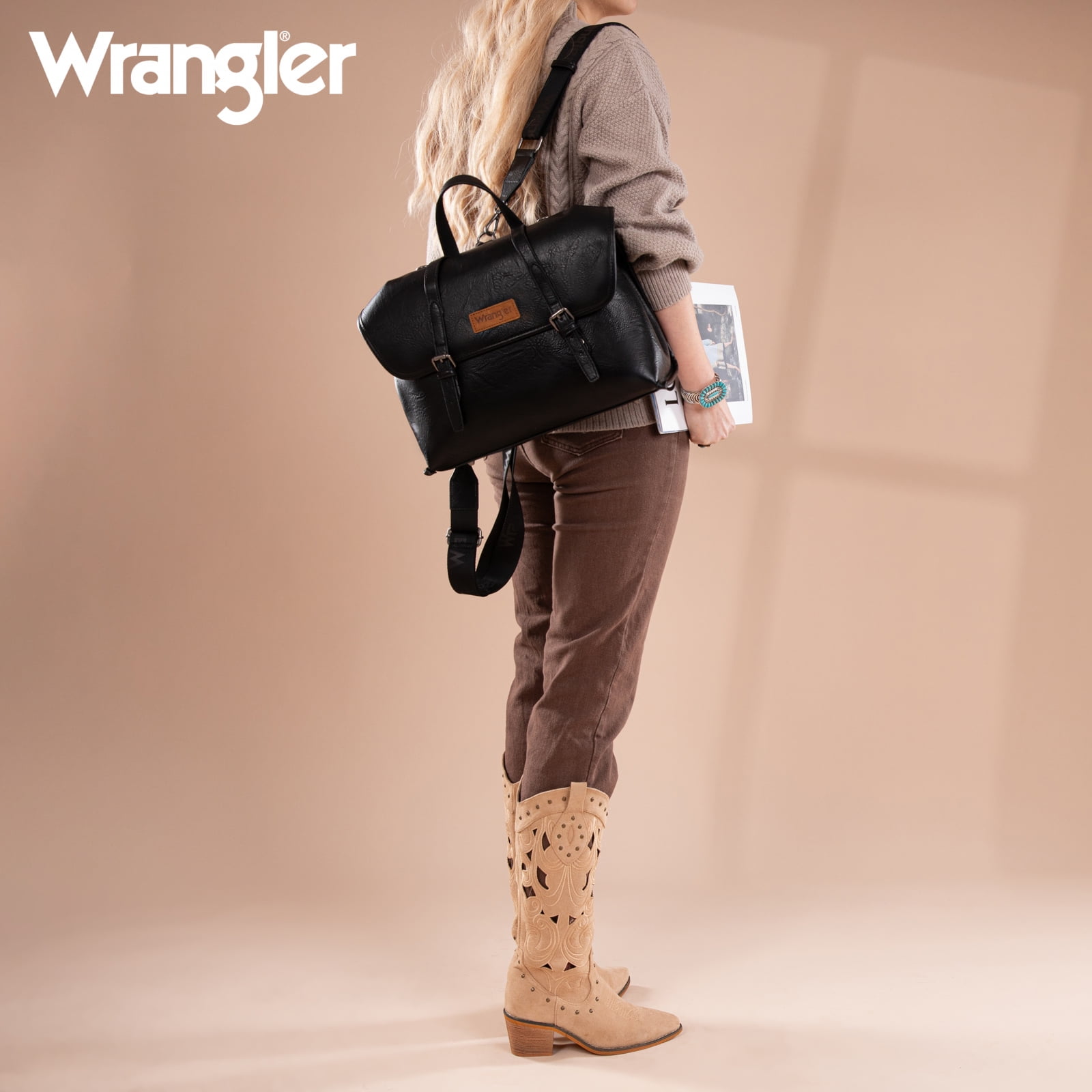 Wrangler Backpack Purse for Women Vegan Leather Fashion Anti Theft Convertible Backpack with Adjustable Strap, Black