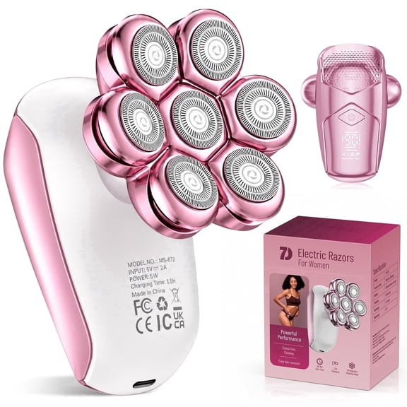 Womens Electric Razor, 7D Rechargeable Electric Shaver for Women, IPX6 Waterproof Wet/Dry Bikini Trimmer Body Shaver, Trimmer for Lady Face Arms Legs Armpit, Pink