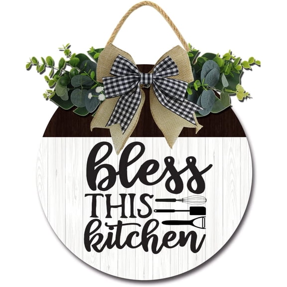Eveokoki 12" Bless This Kitchen Decor Farmhouse Kitchen Wall Decor Wooden Round Rustic Kitchen Front Door Kitchen Sign for Home Decor Dining room Decration