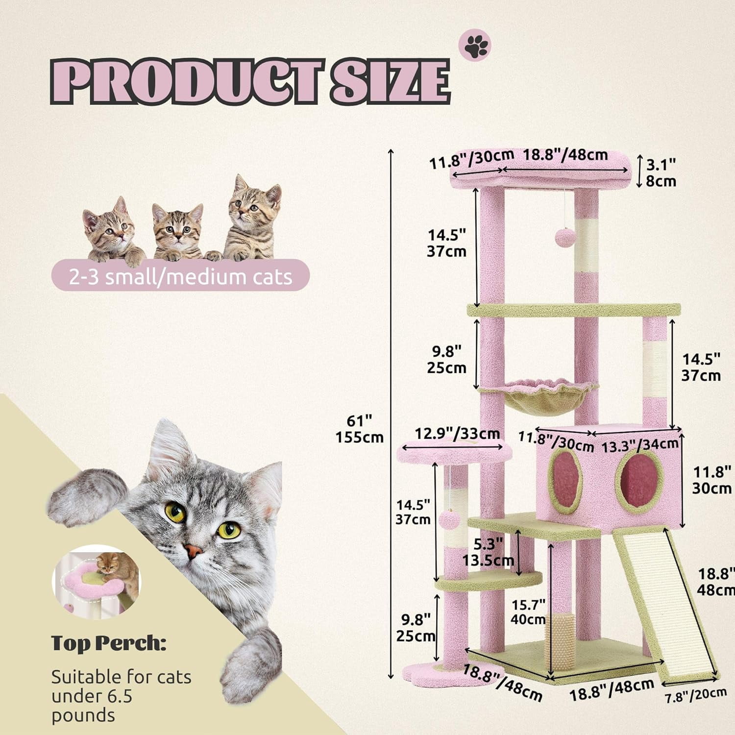 61" Tall Flower Cat Tree for Large Cats with Self-Grooming Brush, Climbing Tower for Indoor Kittens with Cat Condo, Top Perch, Basket, Sisal Scratching Posts and Dangling Ball