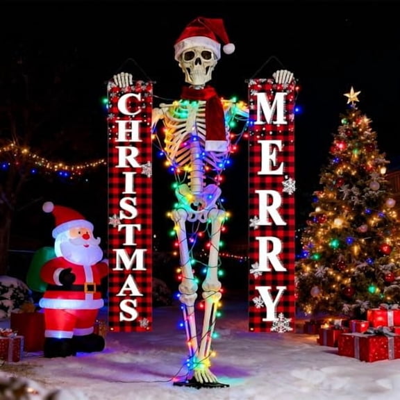 Lighted Up Giant Skeleton Christmas Outfit,12ft Skeleton Xmas Accessories Costume Including Giant Santa Hat,Scarf,16.4ft String Lights,Merry Christmas Banner for Garden Lawn Indoor Outdoor Decor