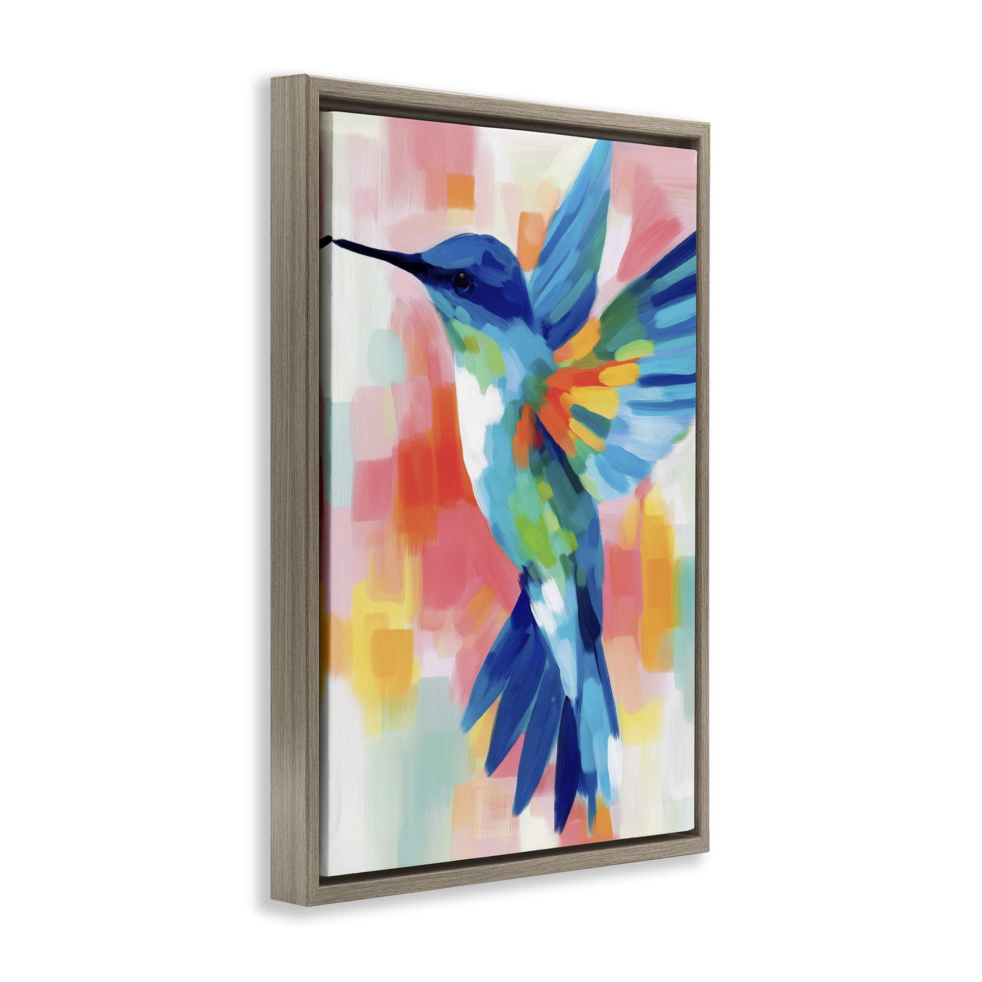 Stupell Industries Blue Hummingbird in Flight Brown Framed Floater Canvas Wall Art, design by Chromatic Storm Studio