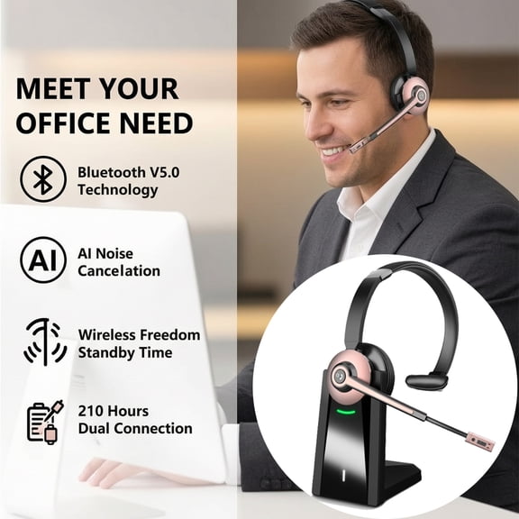 Bluetooth Headset, Wireless Headset with Microphone for Work, Noise Canceling V5.0 Trucker Bluetooth Headset with with Mic Mute & Charge Dock, for Work, Phone/Meeting/CallCenter/Office