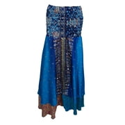 Mogul Womens Blue Silk Sari Dress Vintage Two Layered Maxi Skirt