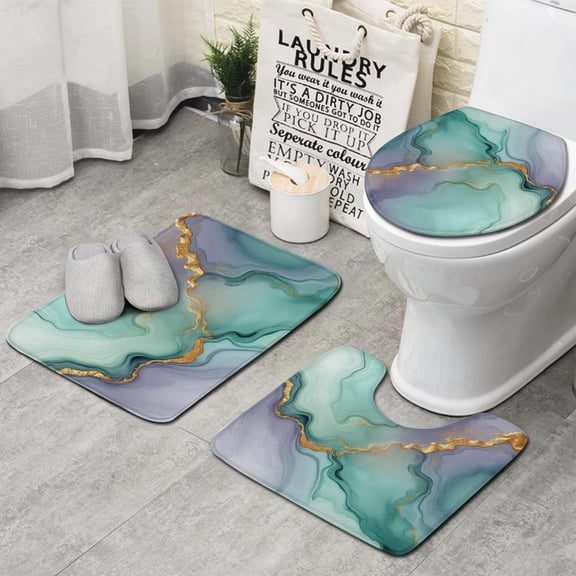 Green Purple Gold Marble Pattern Bathroom Rugs Sets 3 Piece,Toilet Cover Set,Absorbent Non Slip Bathroom Mats Sets with U-Shaped Contour Rug Toilet Rug Set