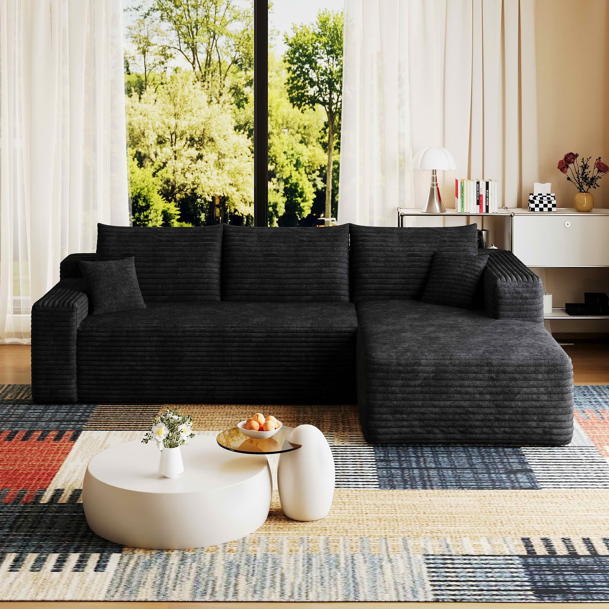 MAYEERTY 94-Inch Black Plush Corduroy 3-Seat U-Shaped Cloud Modular Sectional Sofa, Deep Seat Corner Couch No Assembly Required