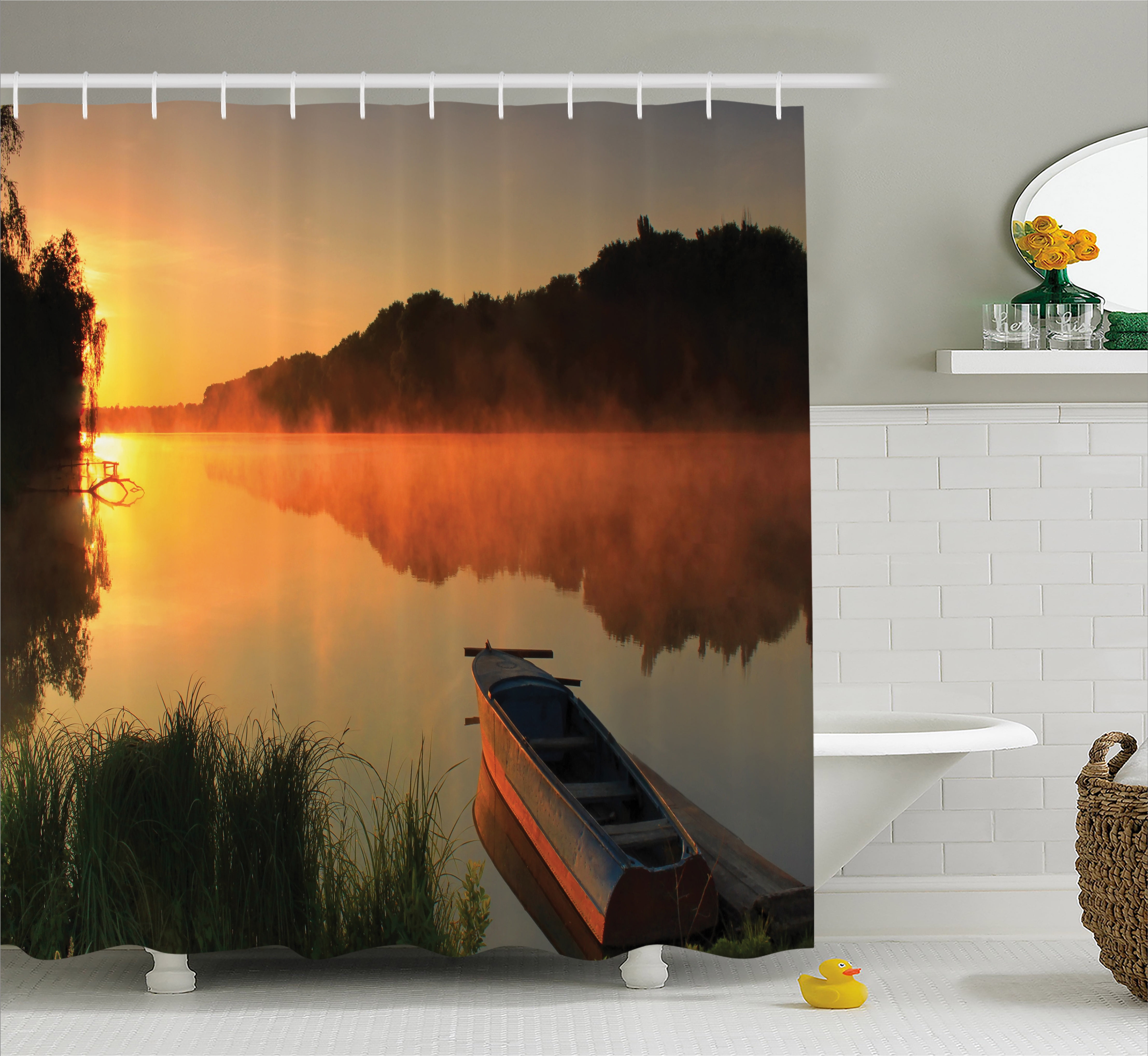 Lake Shower Curtain, Boat on the Shore of a Misty Lake on a Summer