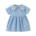 thumbnail image 2 of Fengqque Girls Peter Pan Collar Denim Dress Short Sleeves Bows Partial Front Buttons A-Line Casual Dress Light Blue 18-24 Months, 2 of 9