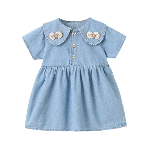 Zpanxa Girl Dress Girl's Cute Cowboy Denim Dress Solid Bowknot Short Sleeve Round Neck Dresses Light Blue 2 Years