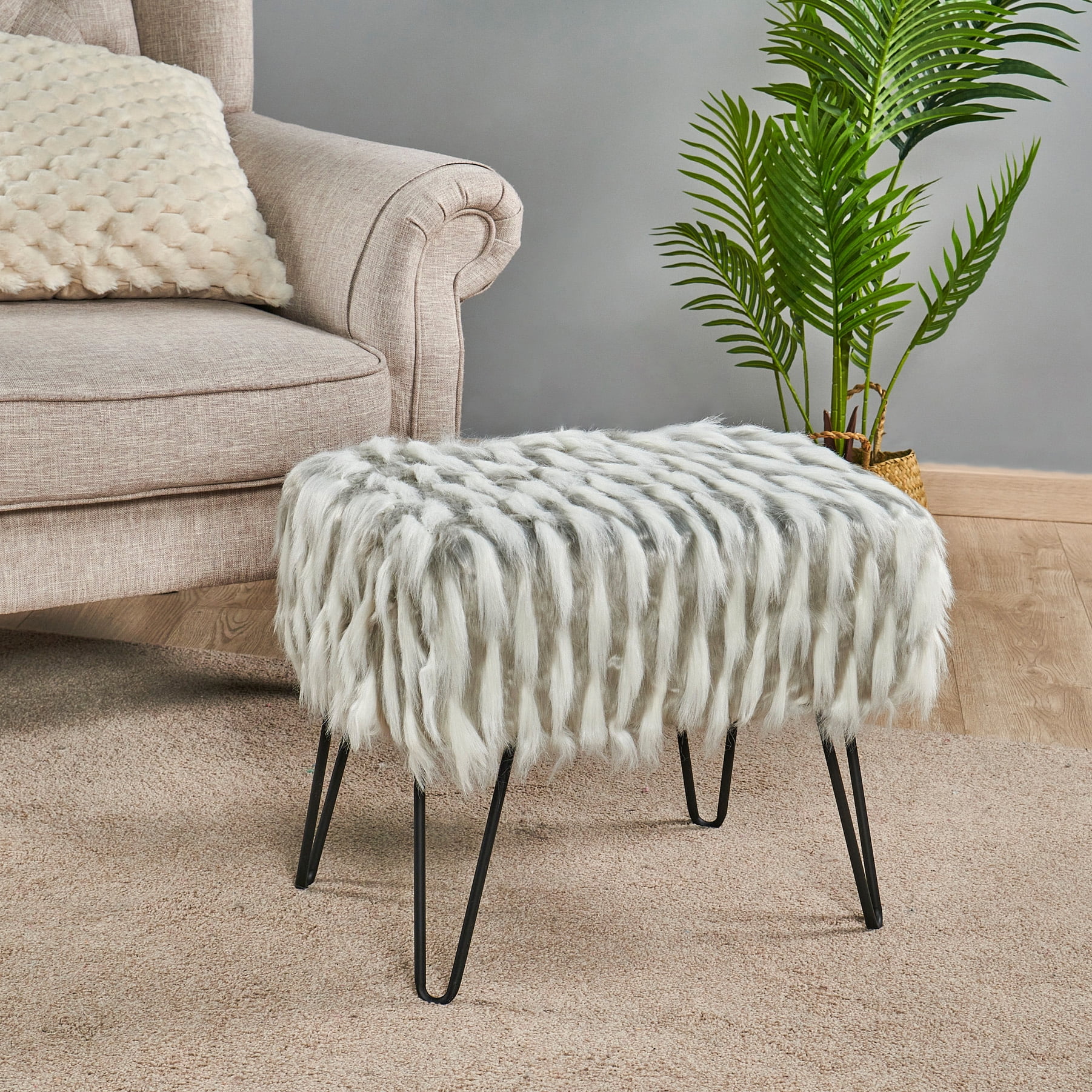 Home Soft Things Feathery Faux Fur Stool Chair Upholstered Footrest Ottoman with Black Metal Legs and Padded Seat, Grey, 19" x 13" x 17"