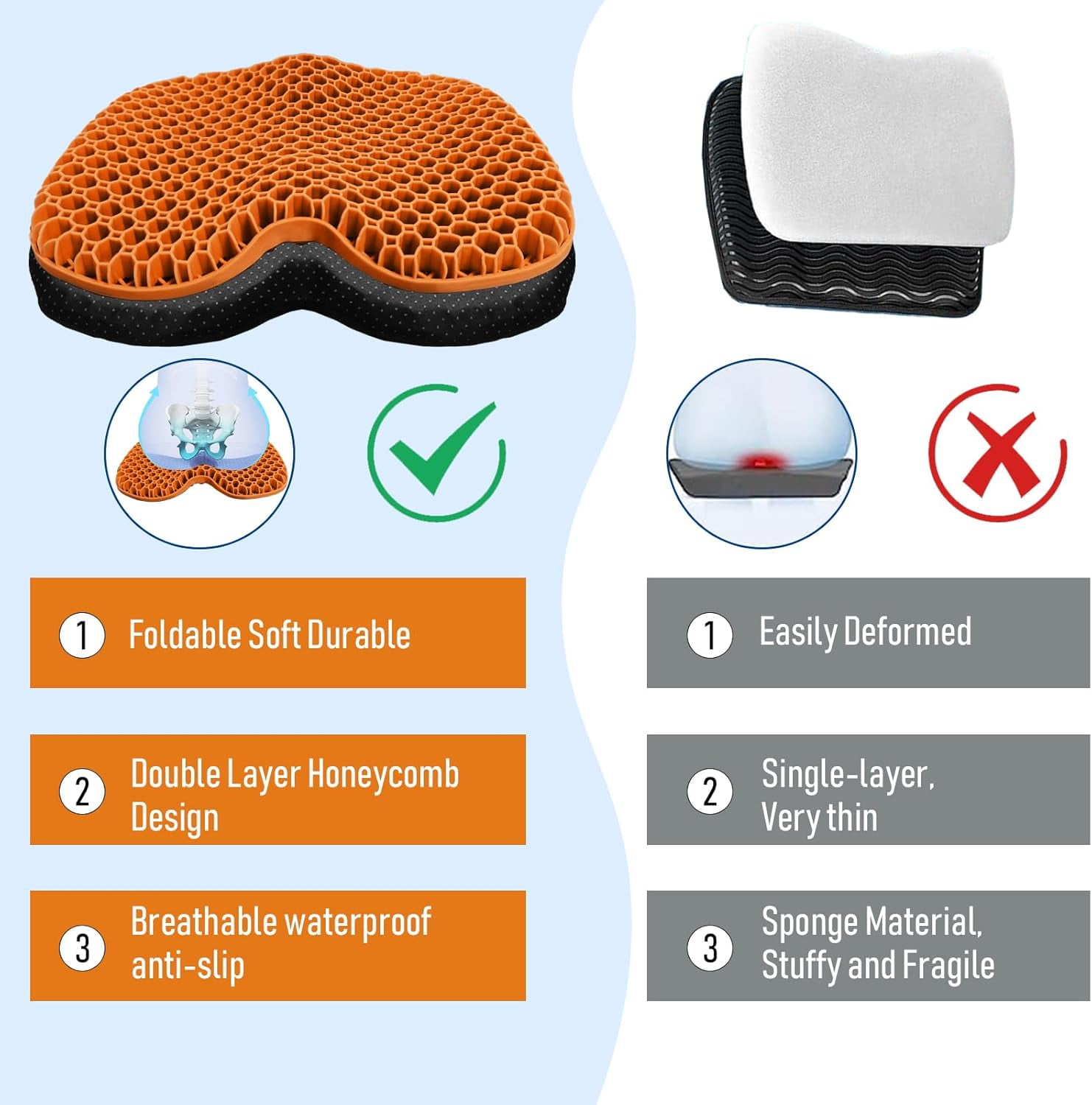 Kayak Seat Cushion, Thicken Anti Slip Waterproof Gel Kayak Seat, Portable Canoe Rowing Rubber Dinghy Pad for Stadium Sit in Kayak Inflatable Fishing Kayak Canoe Kayak Accessories