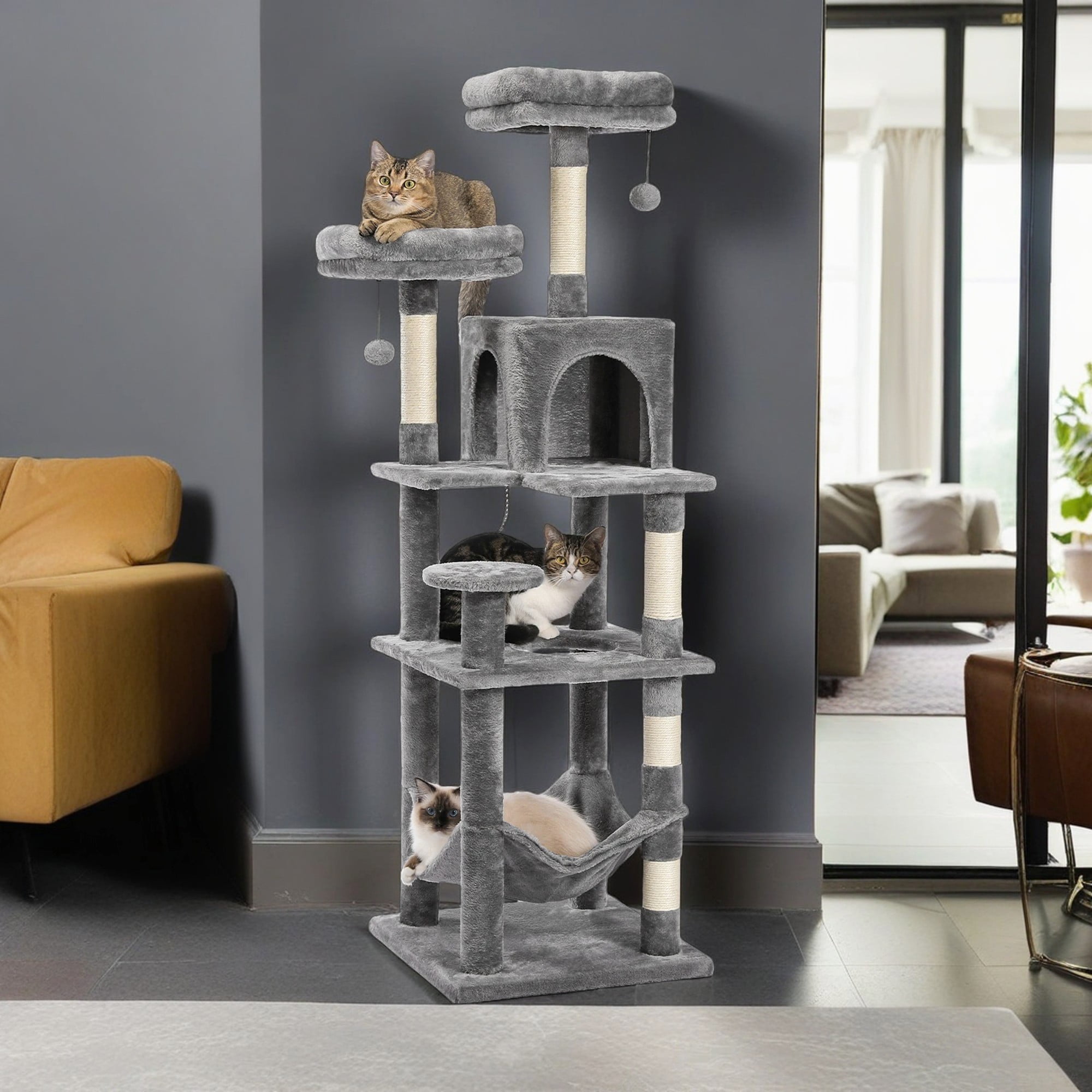 Kadyn 60" Cat Tree Tower for Indoor Cats, Plush Multi-Level Cat Condo with 5 Scratching Posts, 2 Perches, Caves, Hammock, Gray
