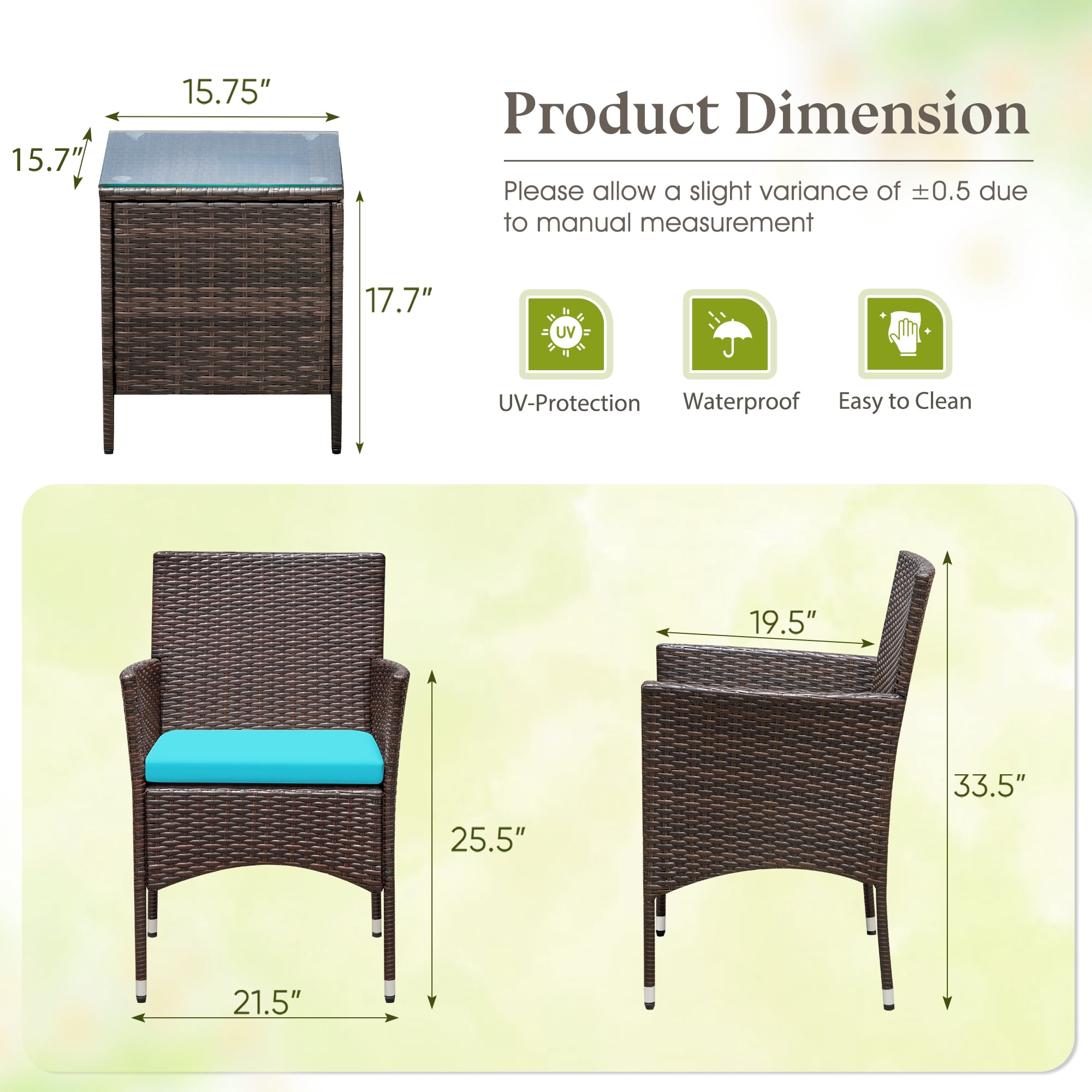 Lacoo 3 Pieces Outdoor Patio Furniture Gray PE Rattan Wicker Table and Chairs Sets Bar Set with Cushioned Tempered Glass , Brown / Blue