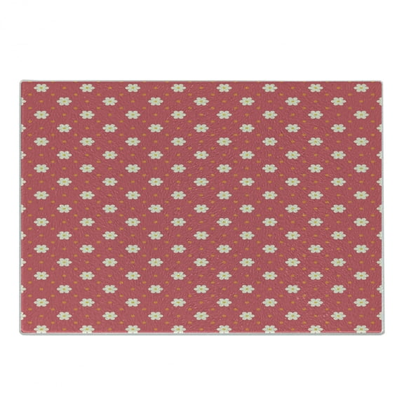 Retro Cutting Board, Exquisite Pattern Composition with Daisy Blooms on Pink Backdrop, Decorative Tempered Glass Cutting and Serving Board, Small Size, Pink White Marigold, by Ambesonne