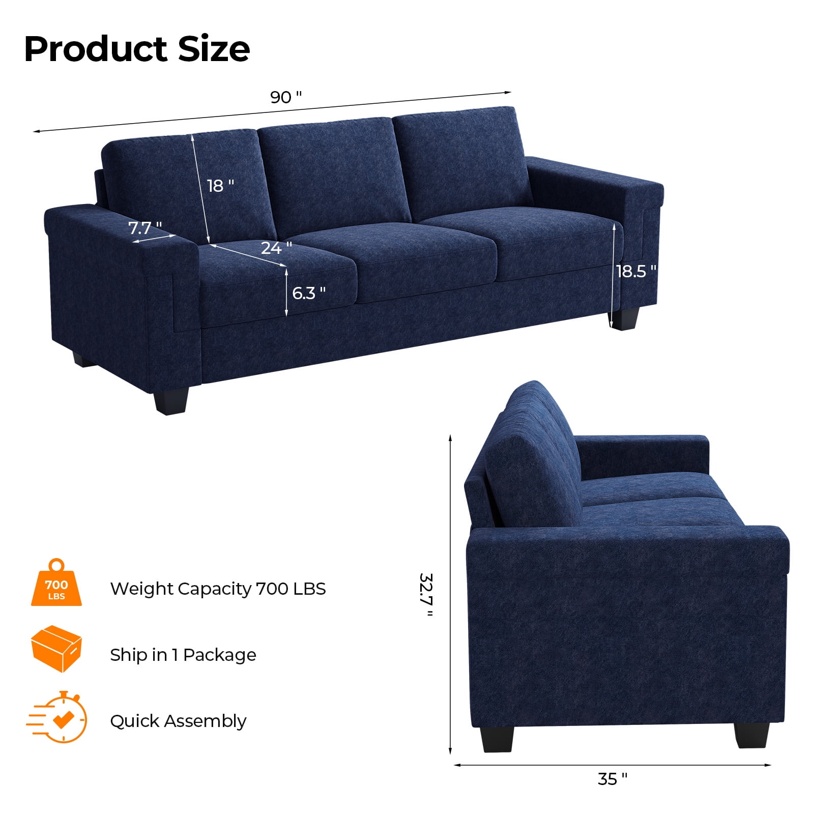 90" Sofa Couch, Modern Upholstered Sofa 3 Seater Sofa For Living Room Apartment Office